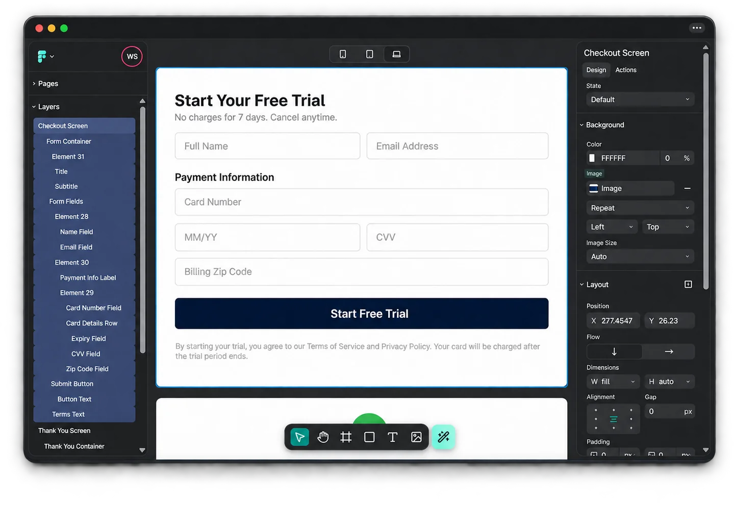 FigForm visual editor with layers panel, canvas and design controls