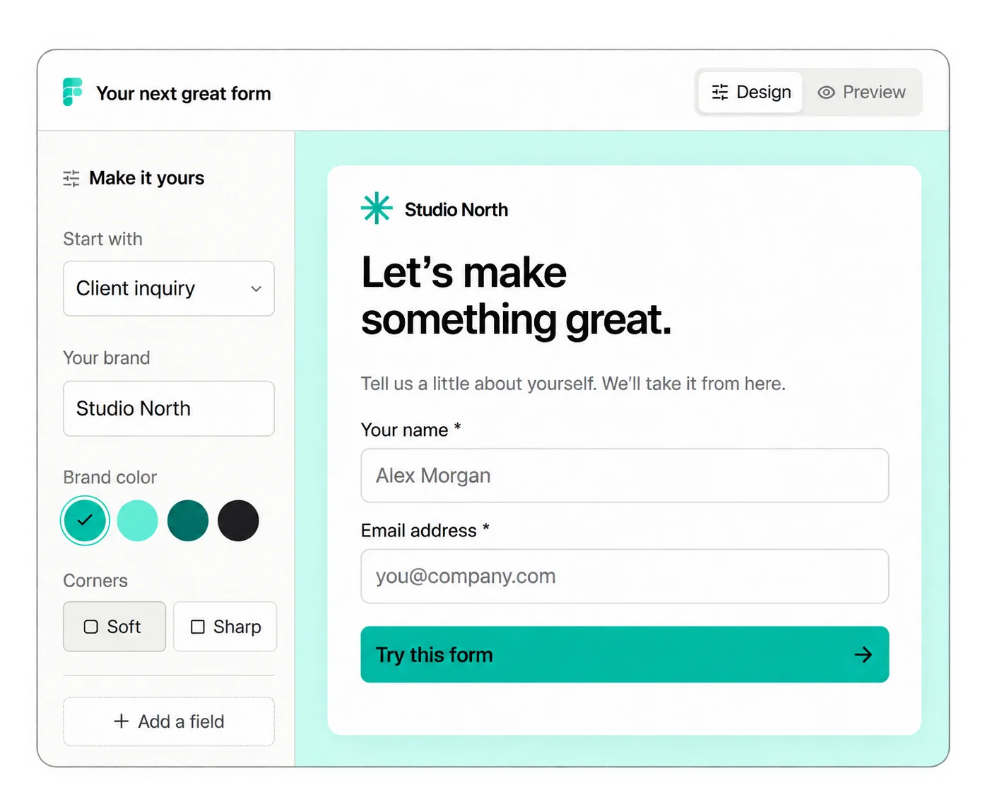 FigForm builder showing a branded form with brand controls
