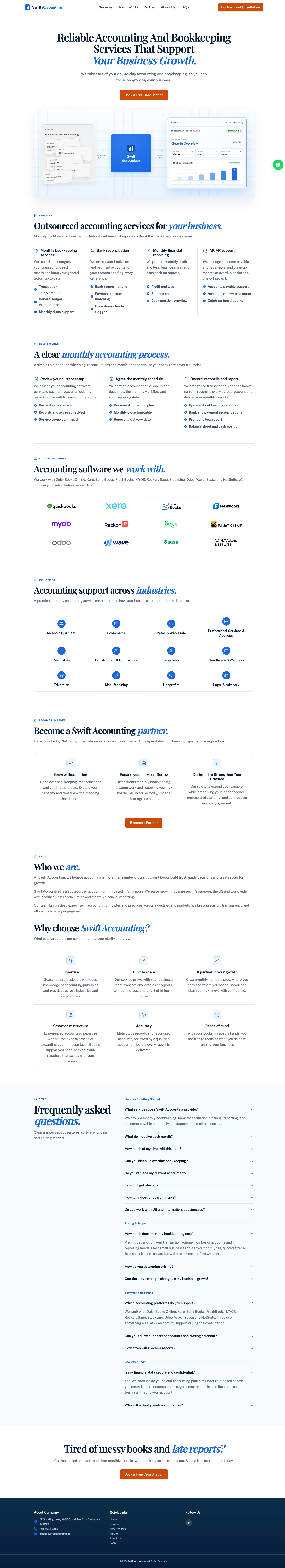 Full home page of the Swift Accounting marketing website