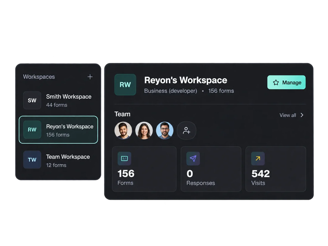 Workspace switcher with team and form statistics
